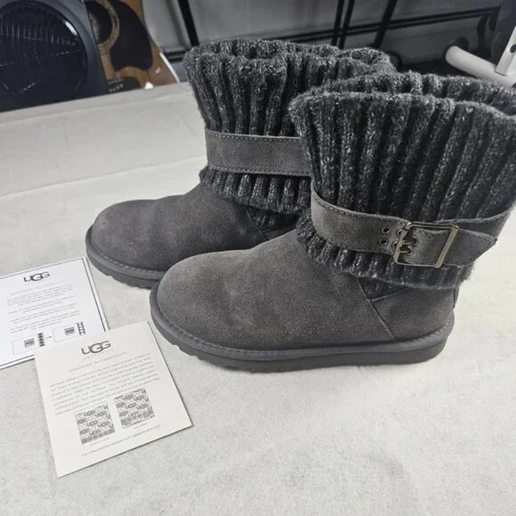 UGG Women's Cambridge Gray Suede Boots – Cozy Sheepskin Mid-Calf Winter - Picture 4 of 7